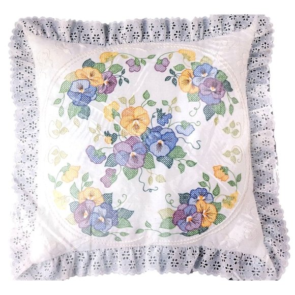 Vintage Stamped Cross Stitch Pillow Kit Pansy Golden Bee Lace 20332 Flower Craft - Picture 3 of 6